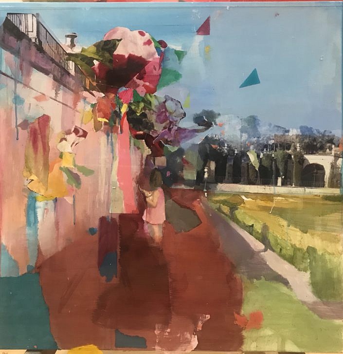 Fwd- Jardín con figura,Técnica mixta 70x70 sobre tabla